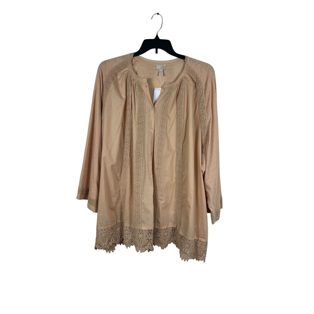 LOGO Lori Goldstein Tunic Top 5X Tan Lace Trim Lagenlook 3/4 Sleeve NWT READ